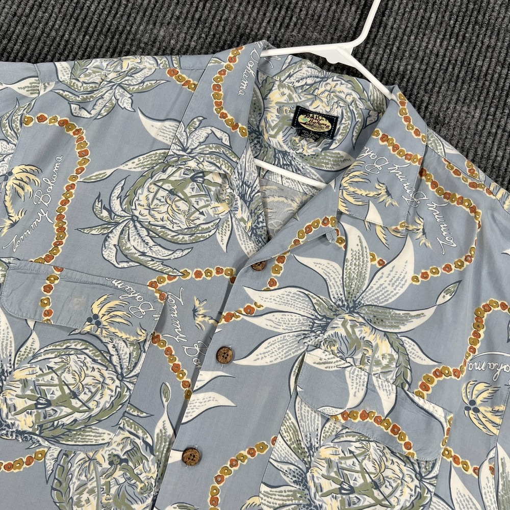 Tommy Bahama Shirt Mens Large Blue Floral Silk Short Sleeve Hawaiian Loop Collar
